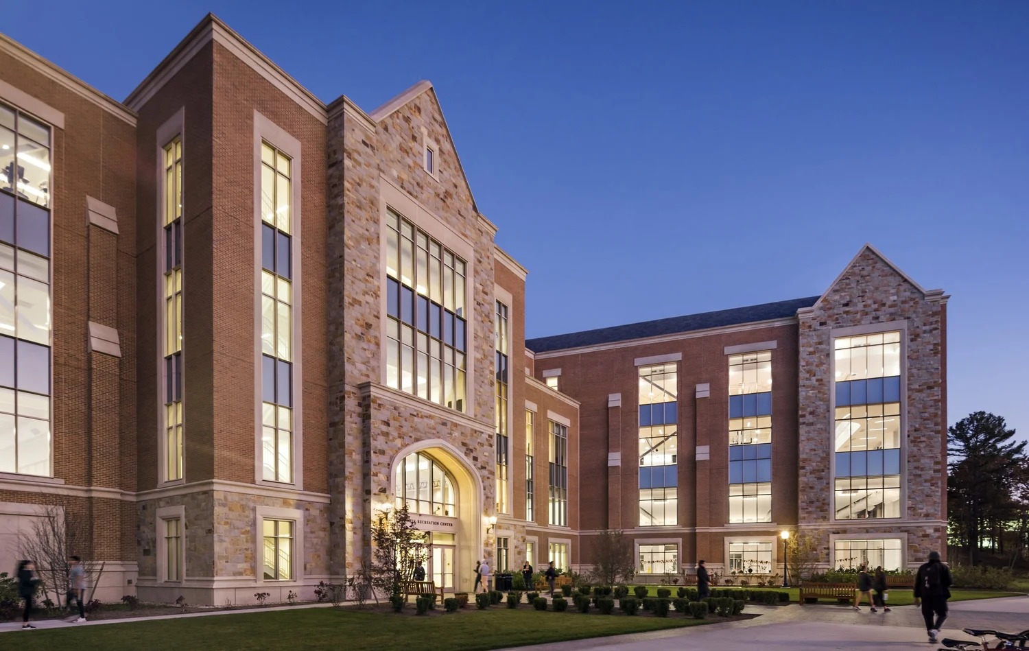 Margot Connell Recreation Center, dusk exterior entrance view
