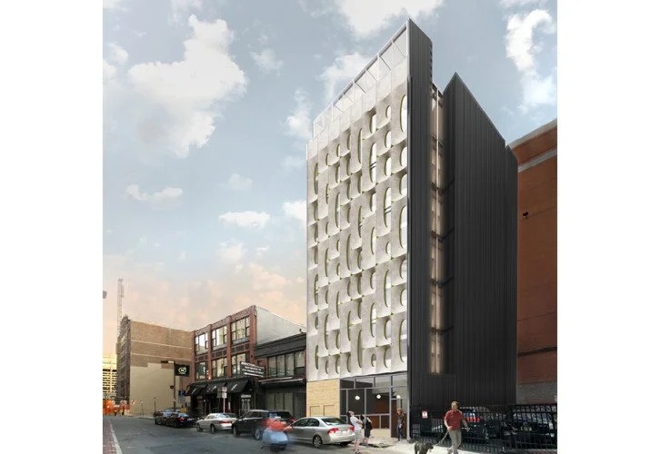 Boutique Hotel, street view rendering of the GFRC scalloped facade