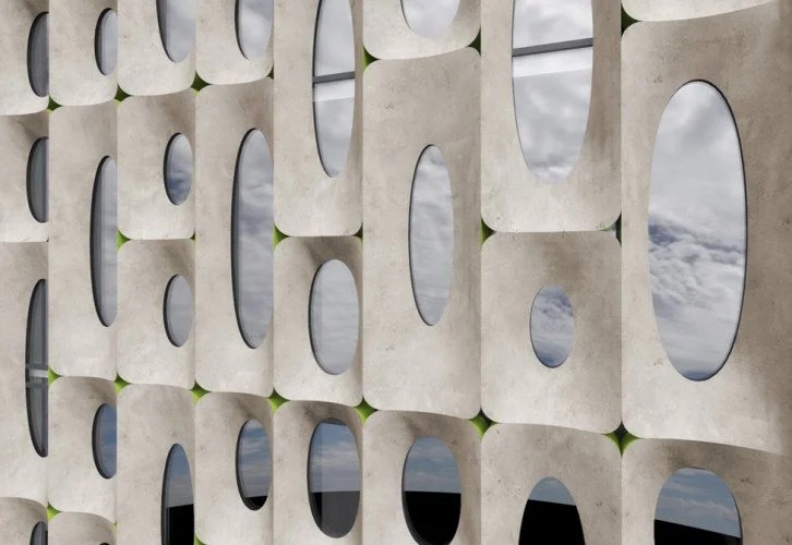 Boutique Hotel, angled close-up of the elliptical facade apertures