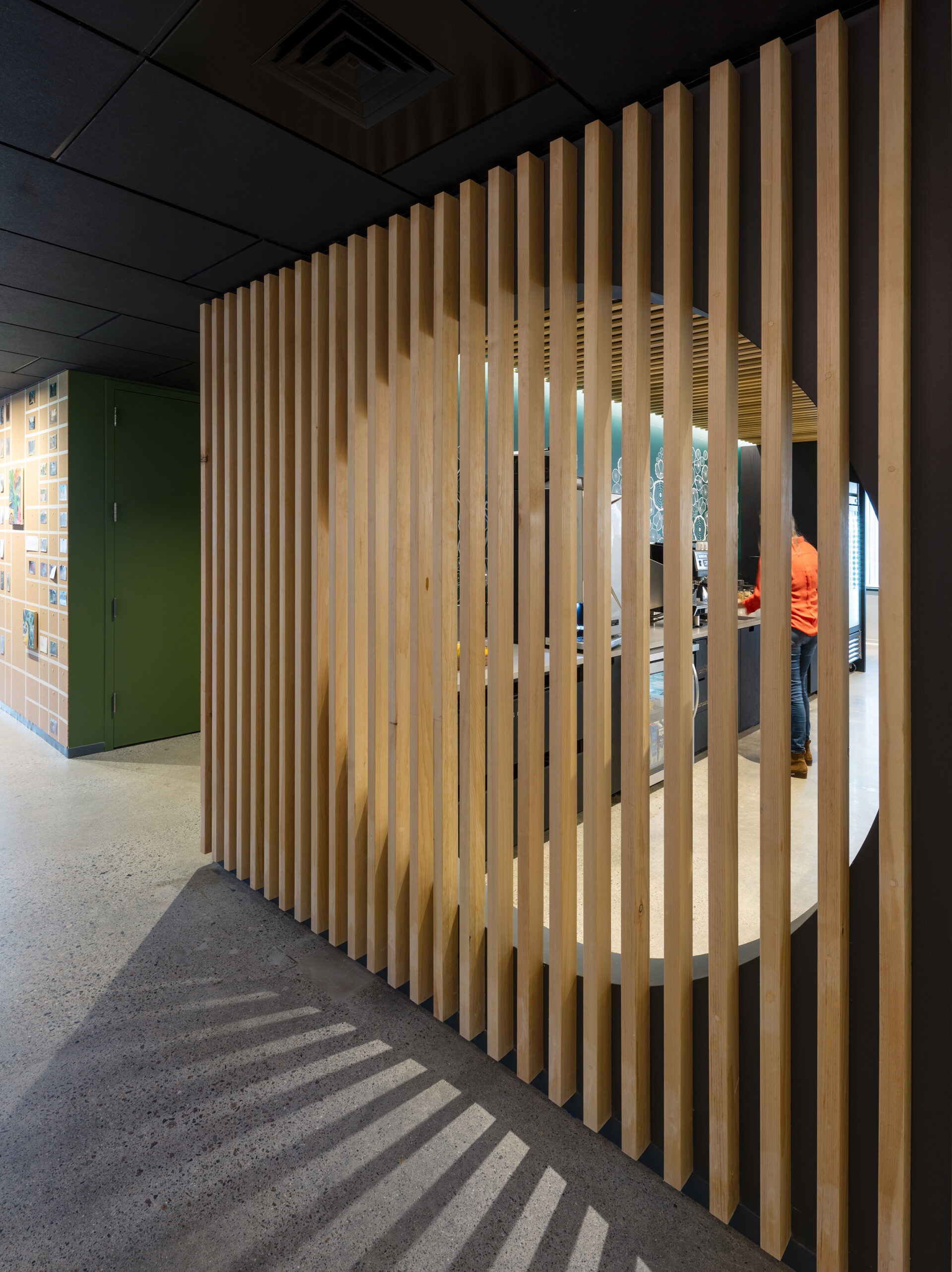 Kendall Square Workspace, circular wood slat cafe entrance