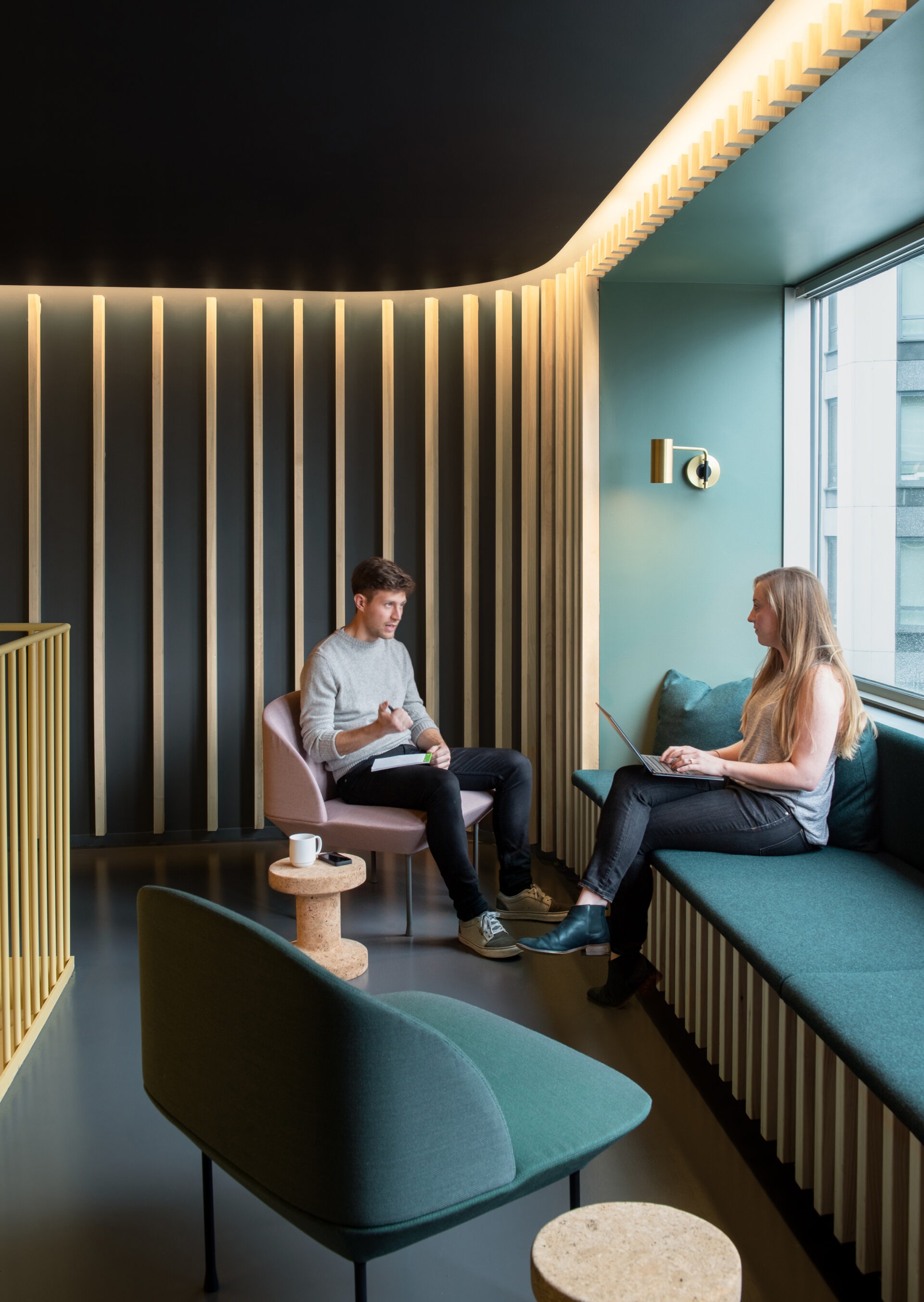 Kendall Square Workspace, lounge seating nook with teal walls
