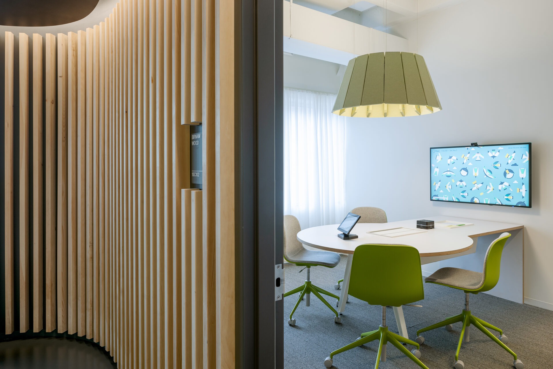 Kendall Square Workspace, Birnam Wood meeting room with green pendant light
