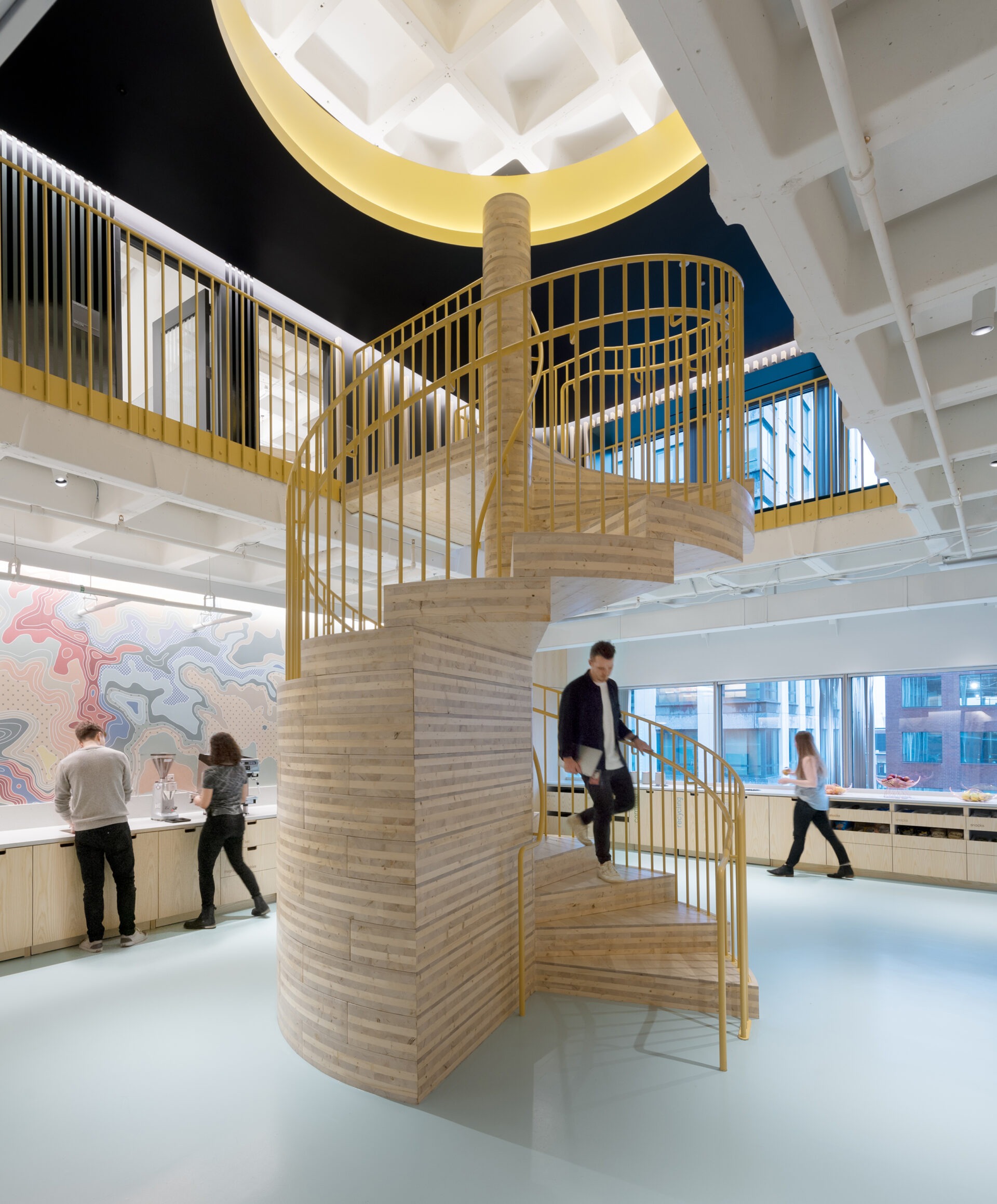 Kendall Square Workspace, wood spiral stair descending view