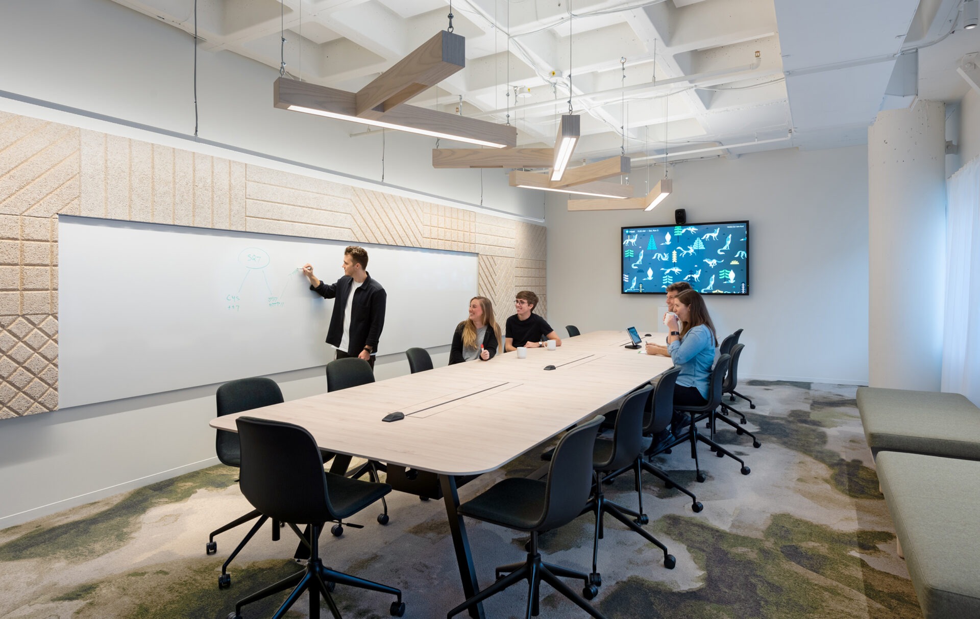 Kendall Square Workspace, conference room with wood pendant lighting