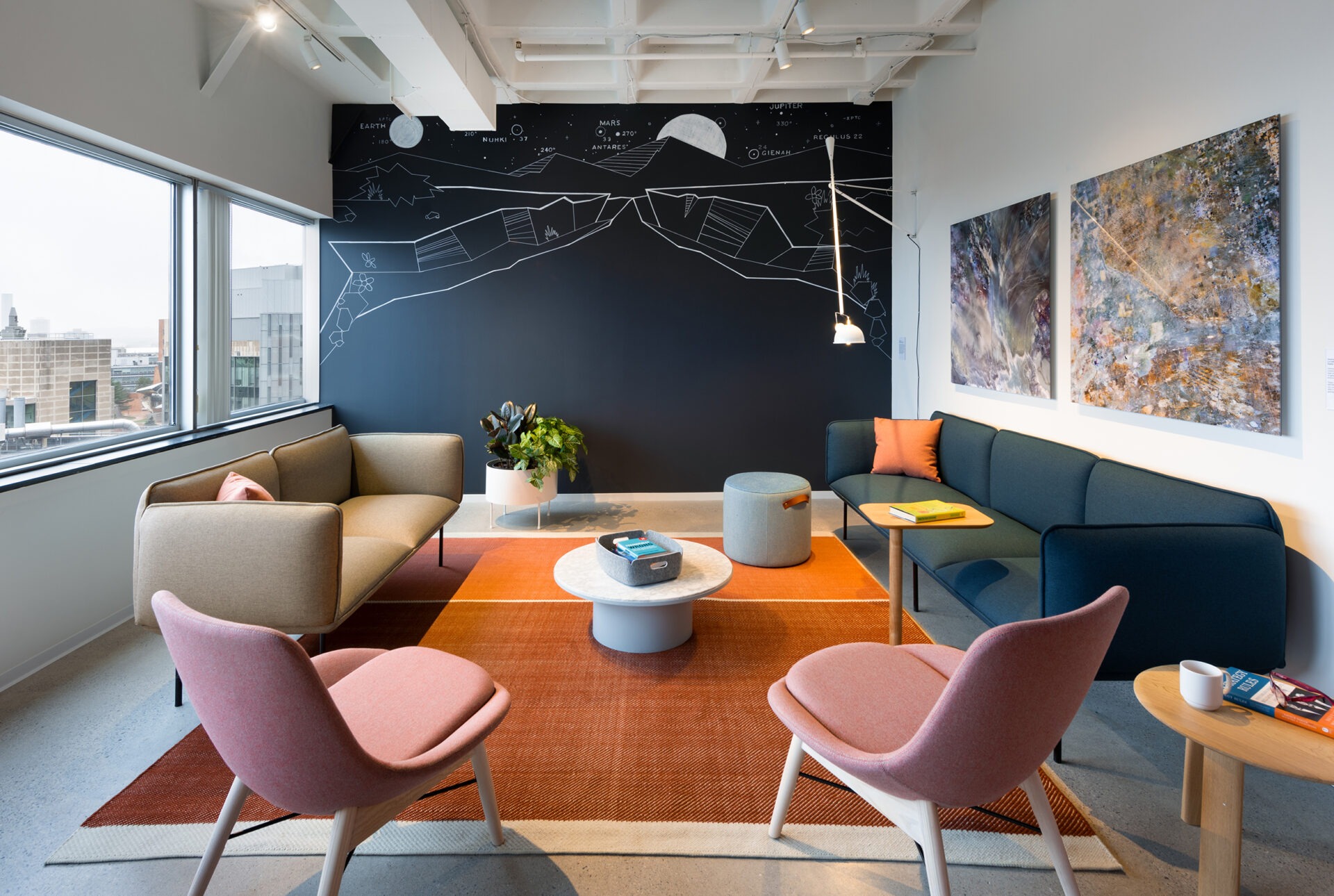 Kendall Square Workspace, lounge with constellation mural