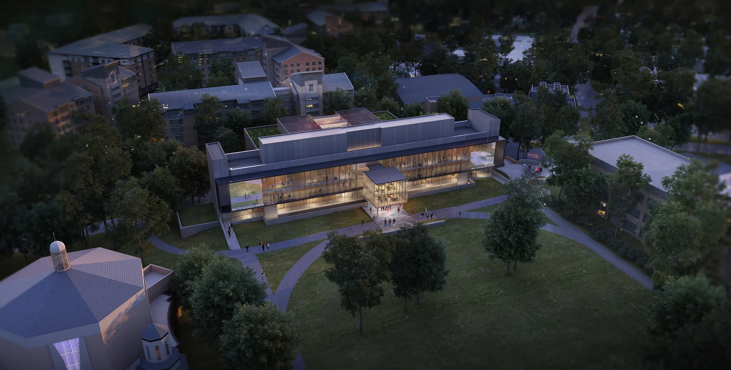 Saint John's Health Sciences Center, dusk exterior view