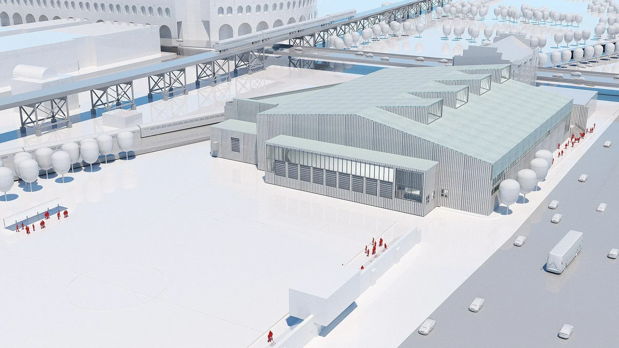 UPenn Indoor Training Facility, aerial exterior view along the expressway
