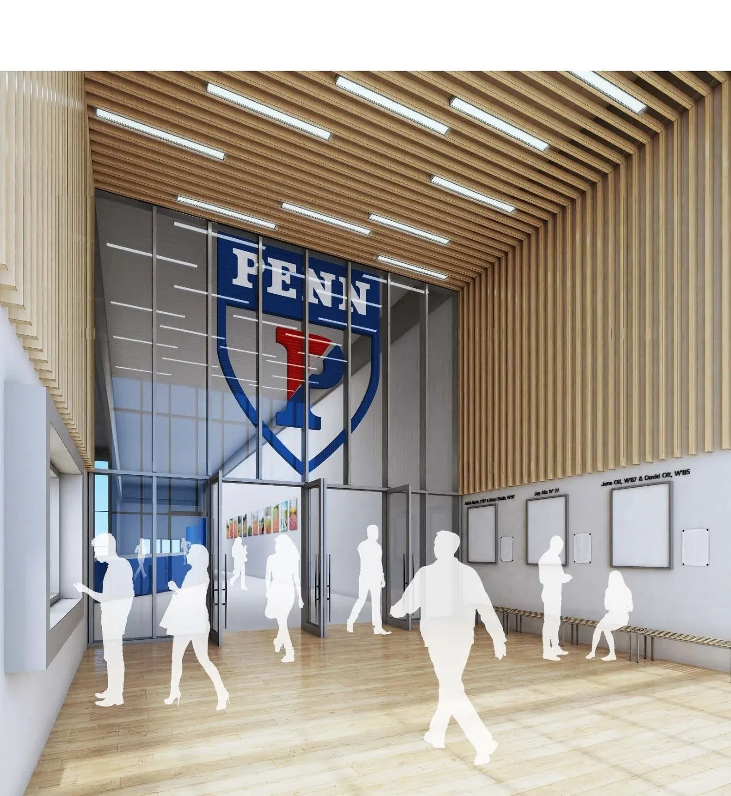 UPenn Indoor Training Facility, interior entrance lobby with Penn shield