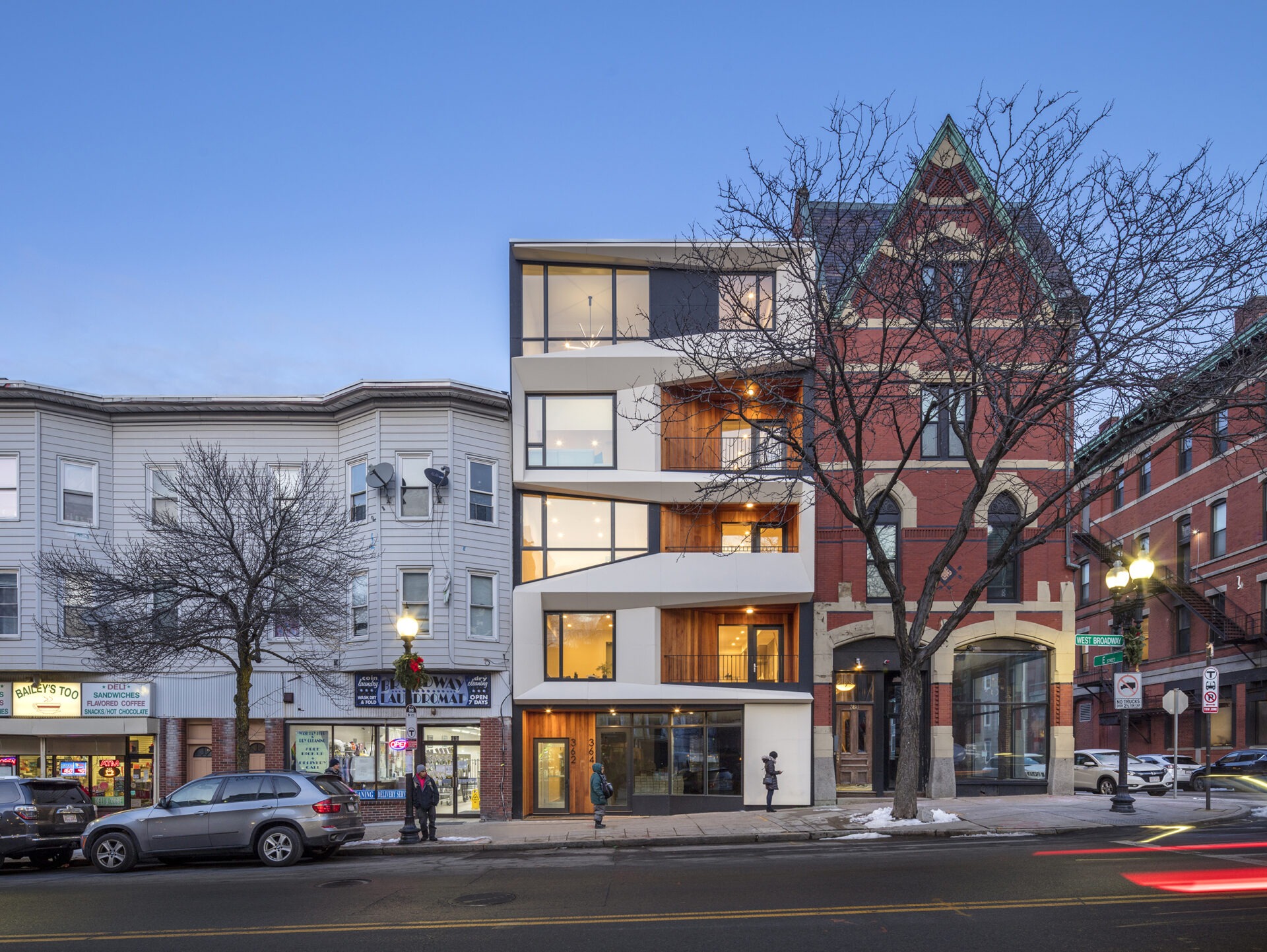 West Broadway Housing, dusk exterior street view