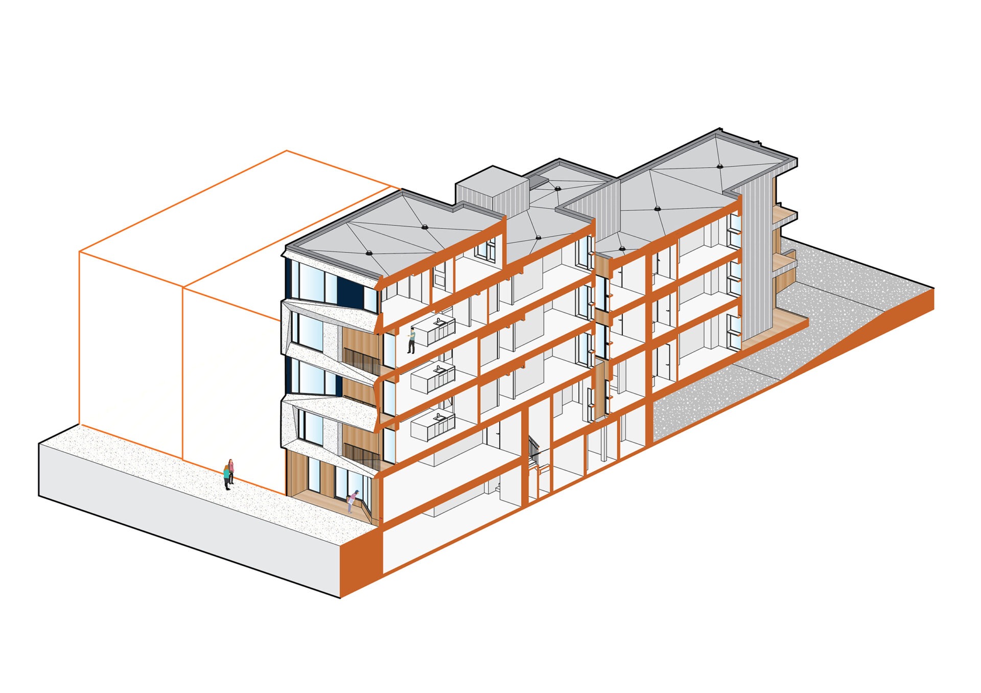 West Broadway Housing, cutaway axonometric diagram