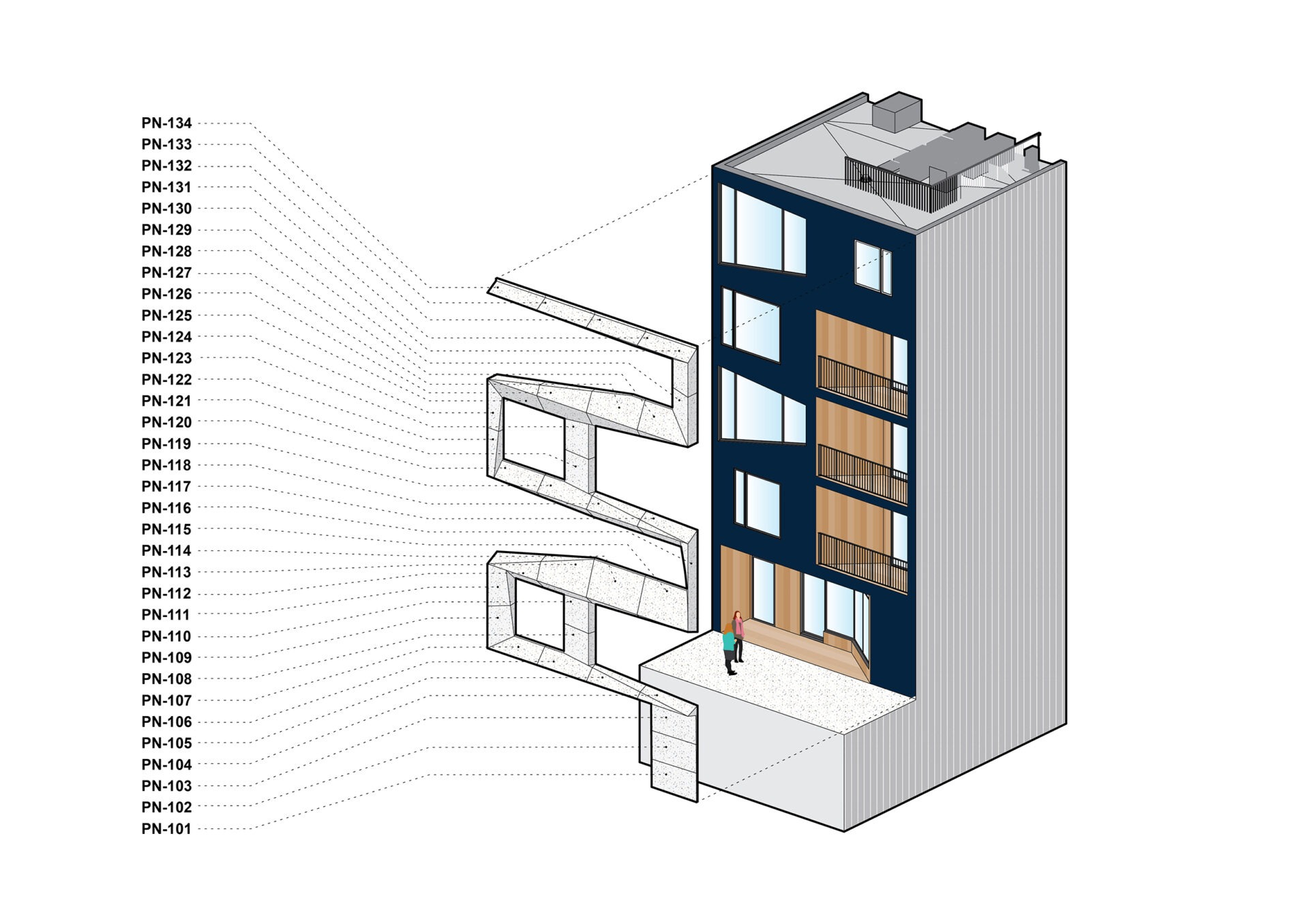 West Broadway Housing, exploded GFRC panel axonometric diagram