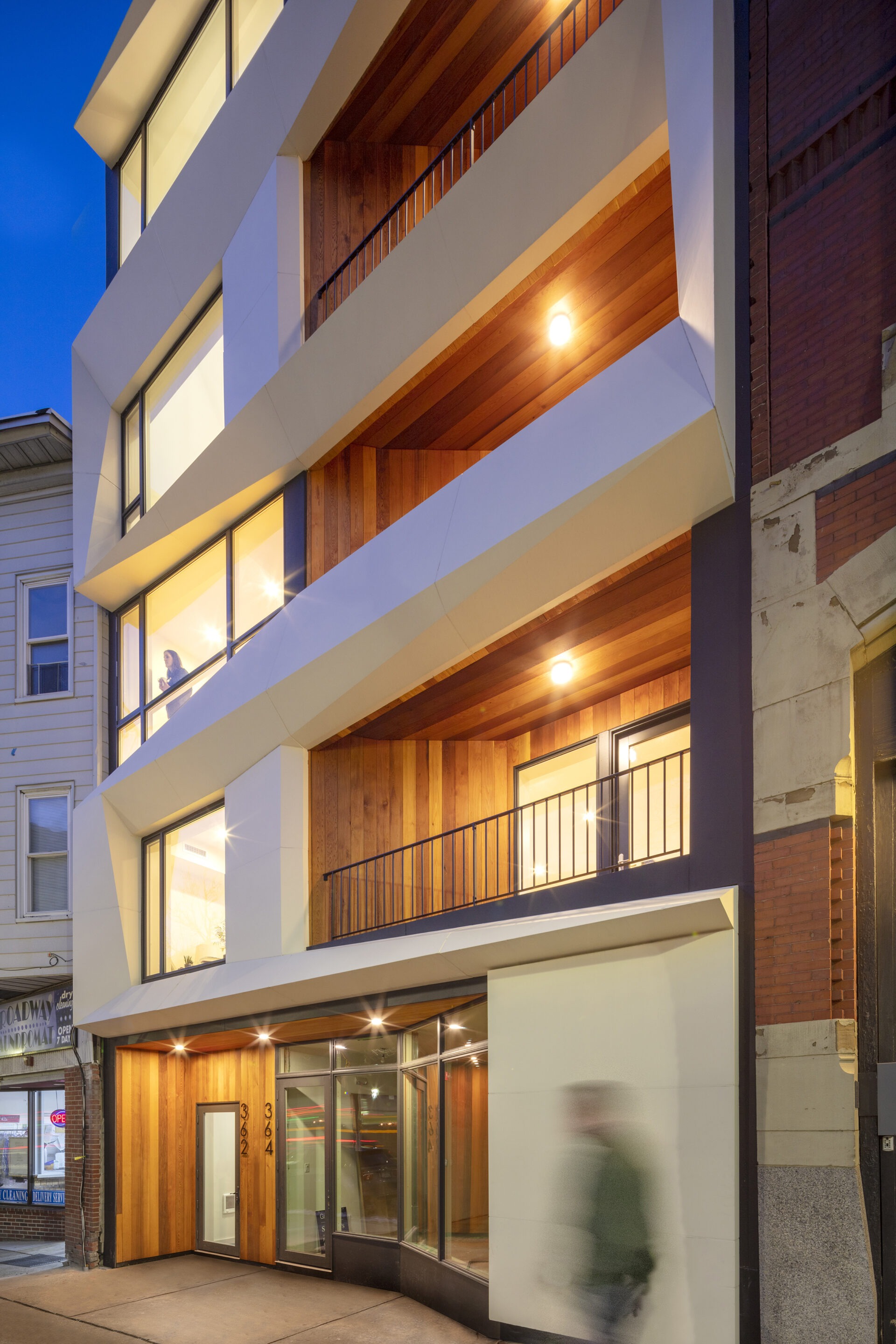 West Broadway Housing, evening balcony detail