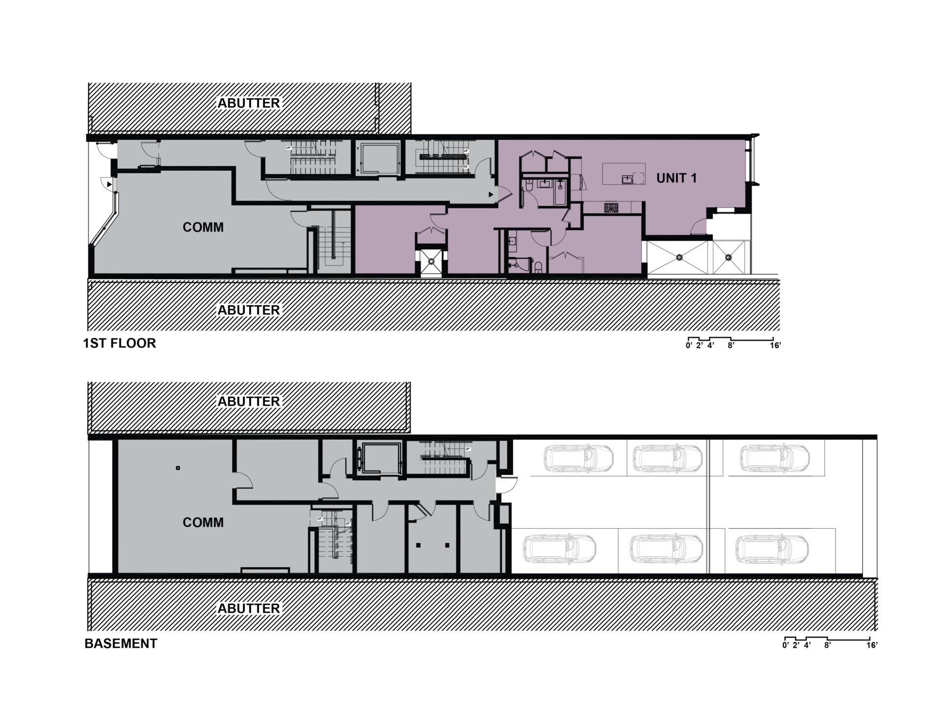 West Broadway Housing, first floor and basement plans