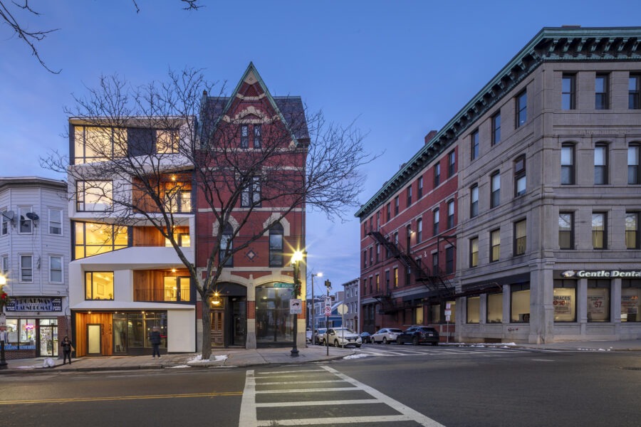 West Broadway Housing, dusk street view wide